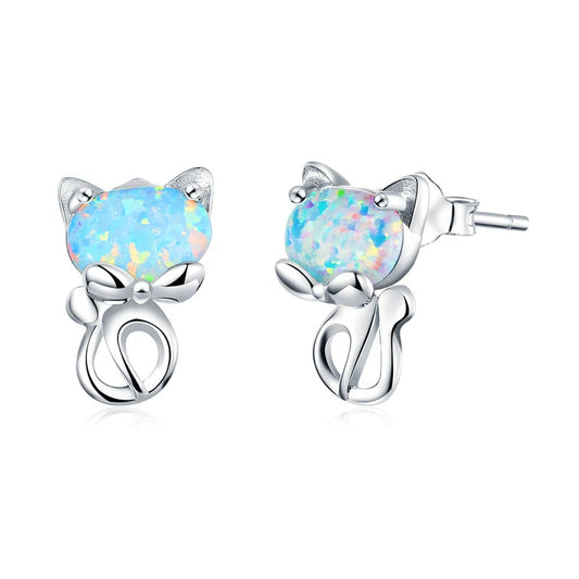 Blue Opal Cute Cat Stud Earrings