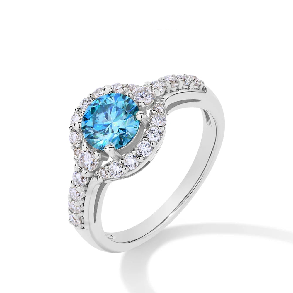 Blue Oceanfire Moissanite Halo Ring