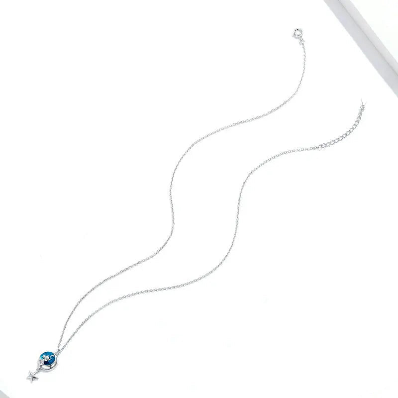 Blue Enamel Moon & Cat Necklace with Dangling Star