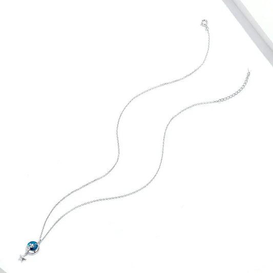 Blue Enamel Moon & Cat Necklace with Dangling Star