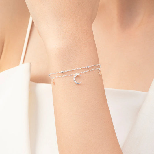 Star and Moon Link Silver Bracelet