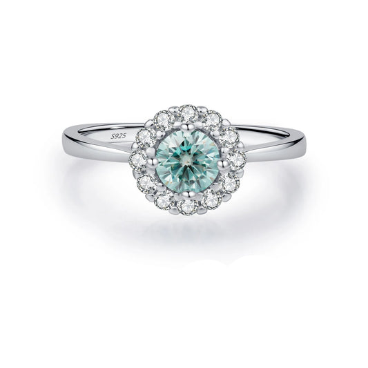 Teal Green Moissanite Halo Silver Ring