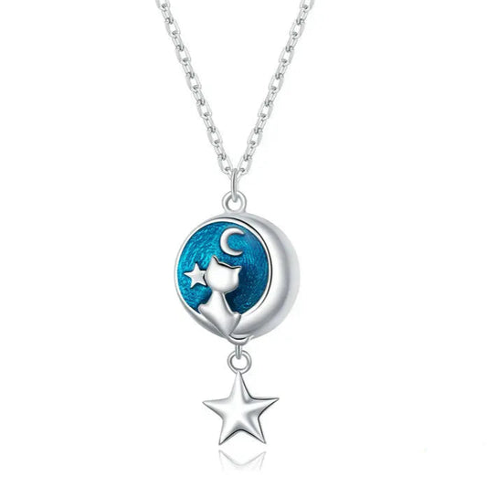 Blue Enamel Moon & Cat Necklace with Dangling Star