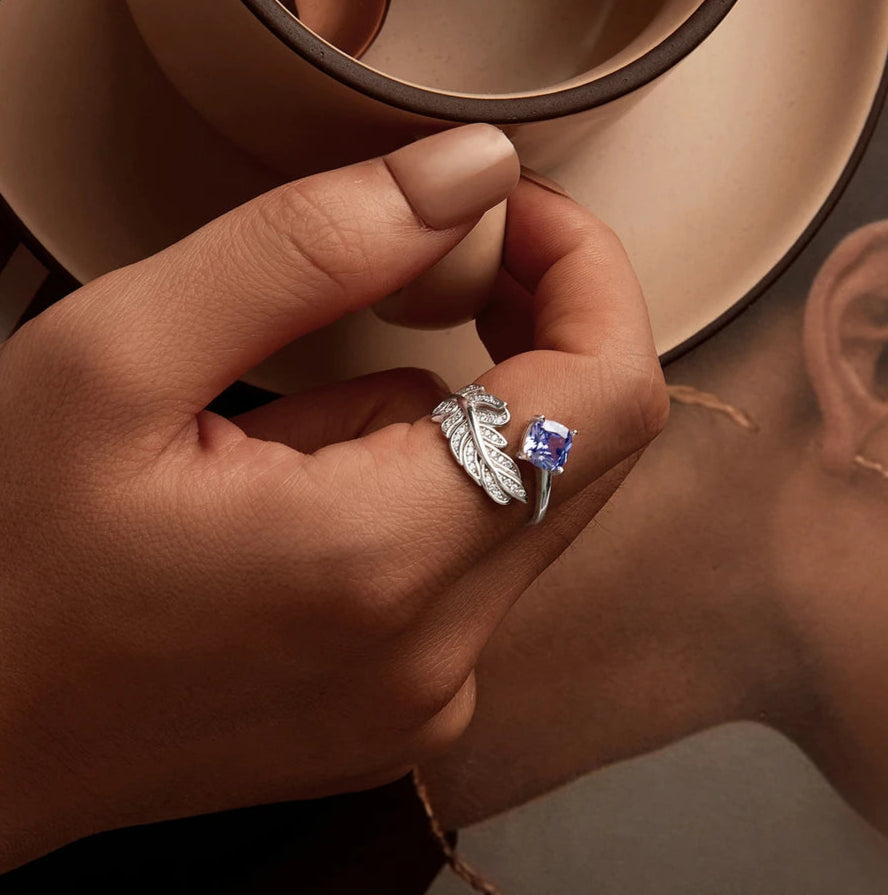 Blue Gemstone Feather Adjustable Ring