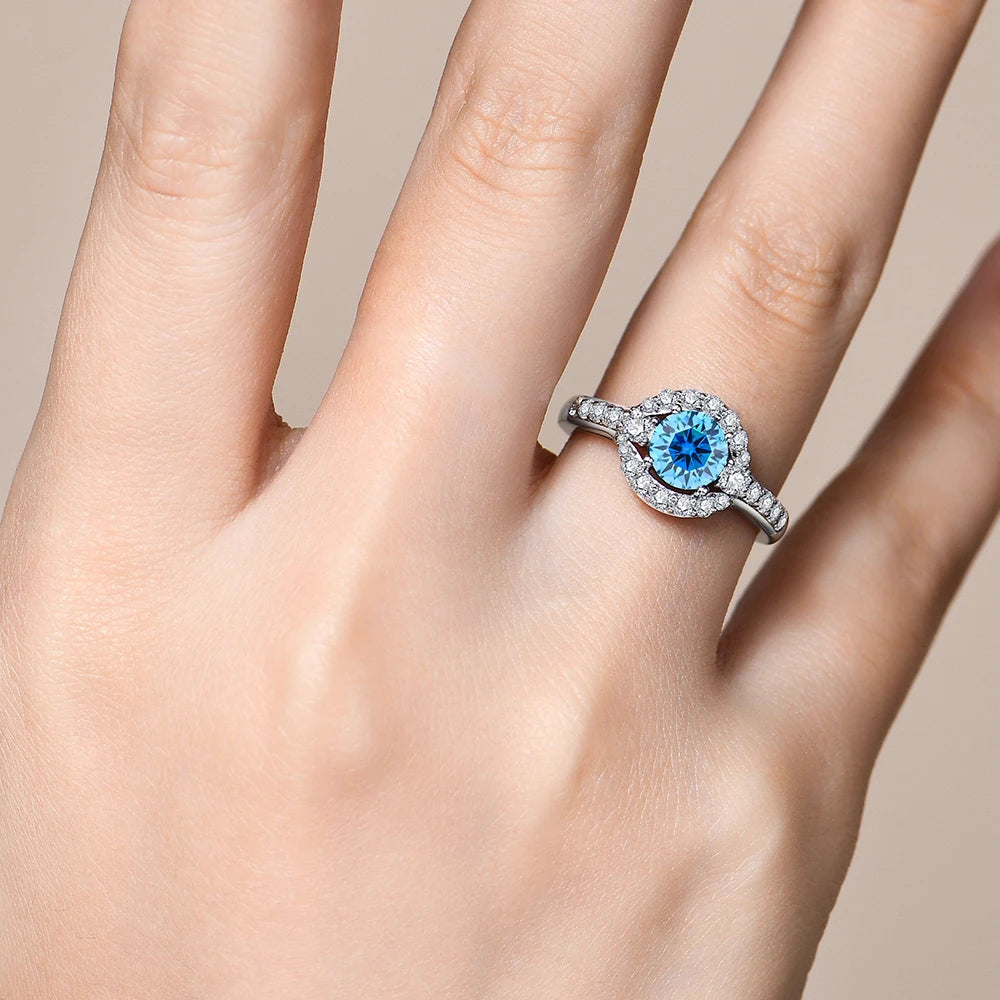 Blue Oceanfire Moissanite Halo Ring
