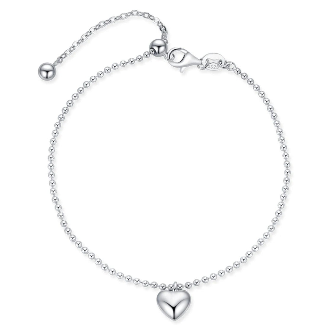 Heart Charm Beaded Sterling Silver Bracelet